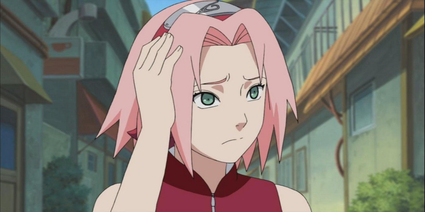 Sakura rubs her head in confusion in Naruto