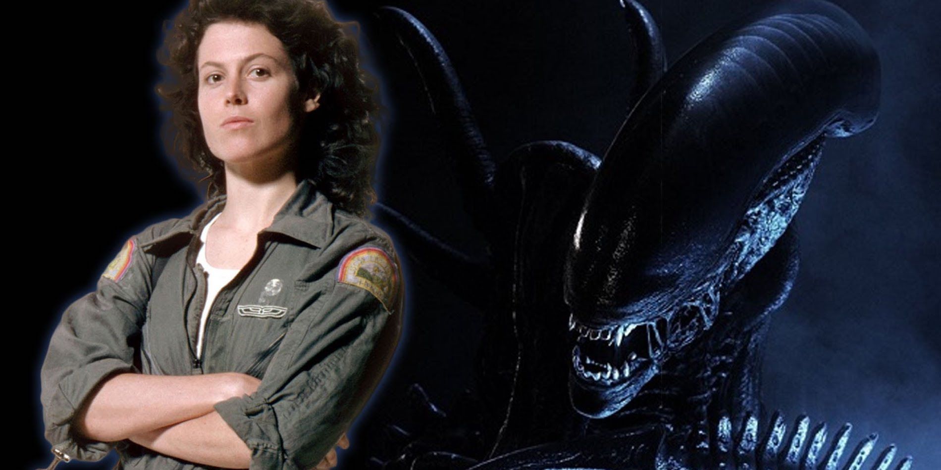Sigourney Weaver as Ripley and a xenomorph from the Alien franchise