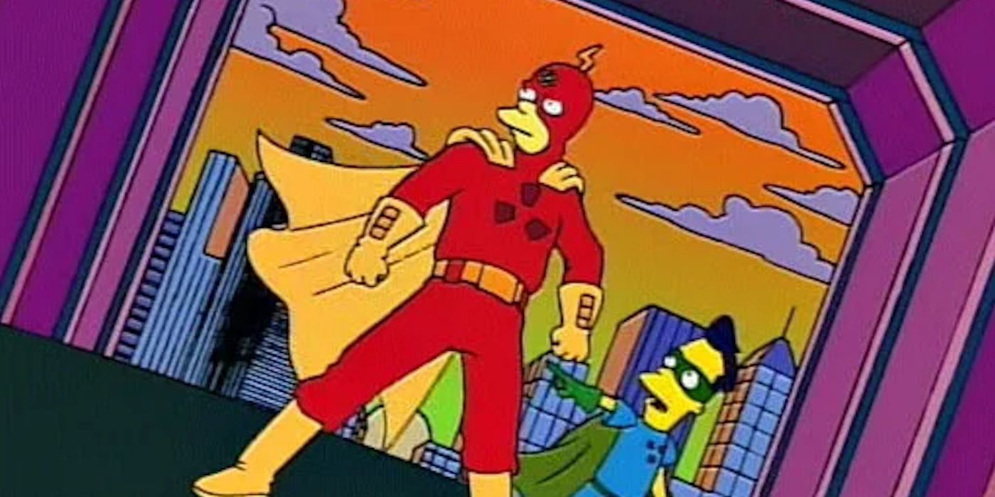 Radioactive Man e Fallout Boy posam com a cidade atrás deles em Os Simpsons.