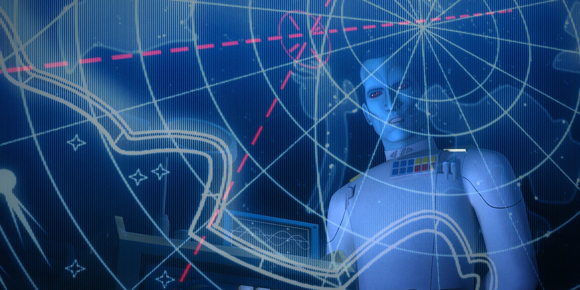 Thrawn looking at a star map in Star Wars Rebels season 3 finale