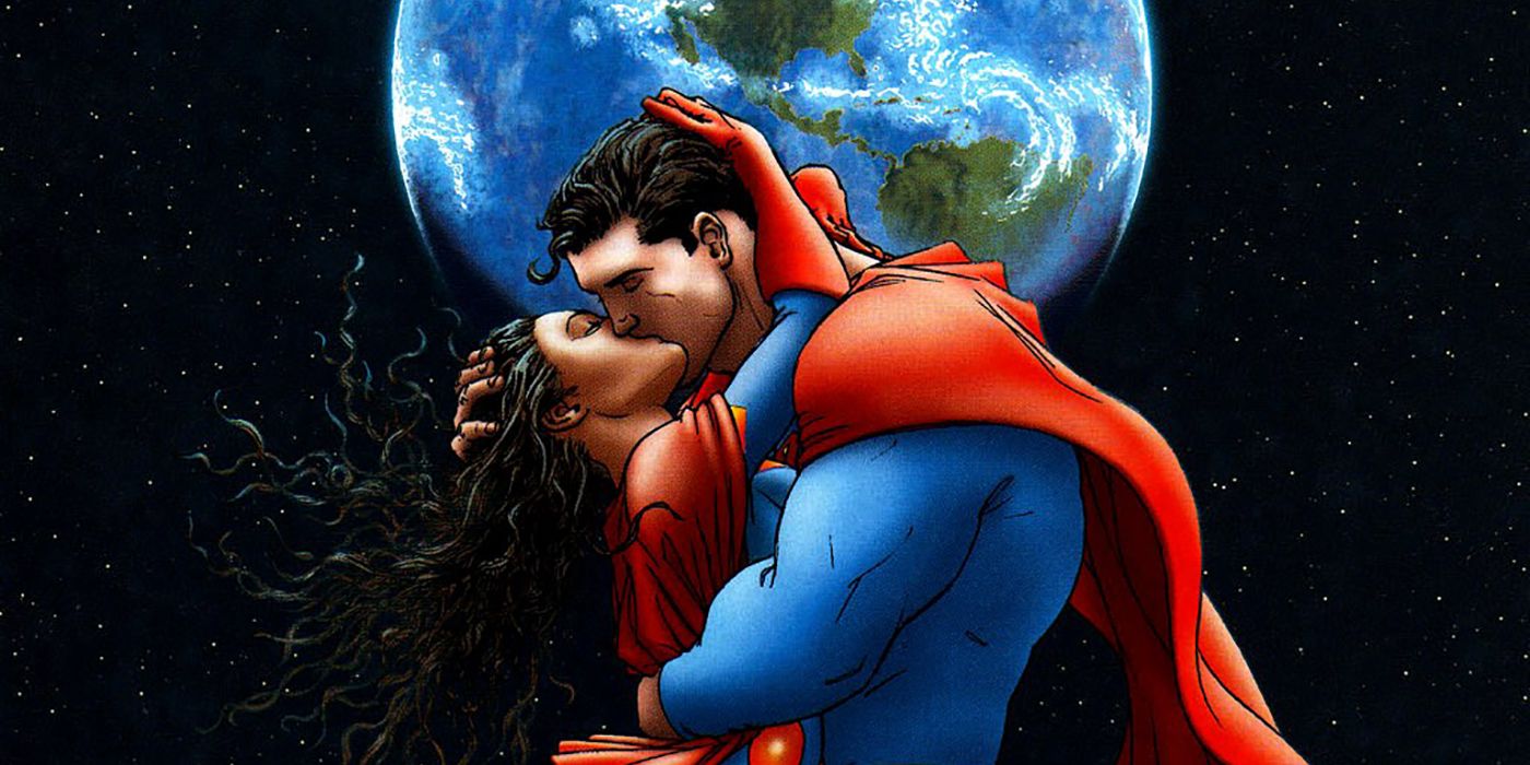 Superman and Superwoman kiss on the moon