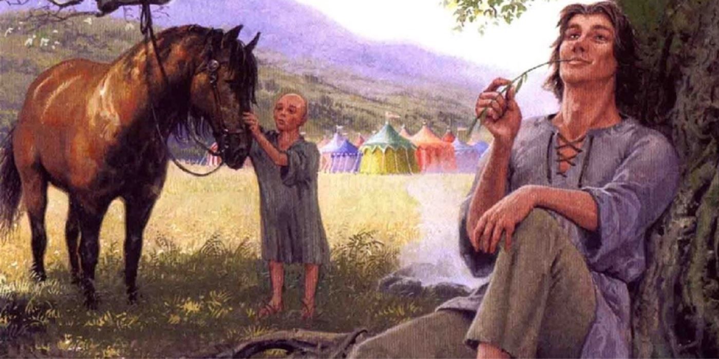 Artwork from The Tales of Dunk & Egg novella showing Egg with a horse and Dunk sitting against a tree