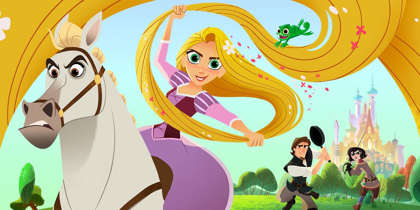 Tangled Before Ever After Disney Key Art comprend Raiponce sur un cheval avec ses longs cheveux tandis que Flynn est derrière elle avec une poêle à frire