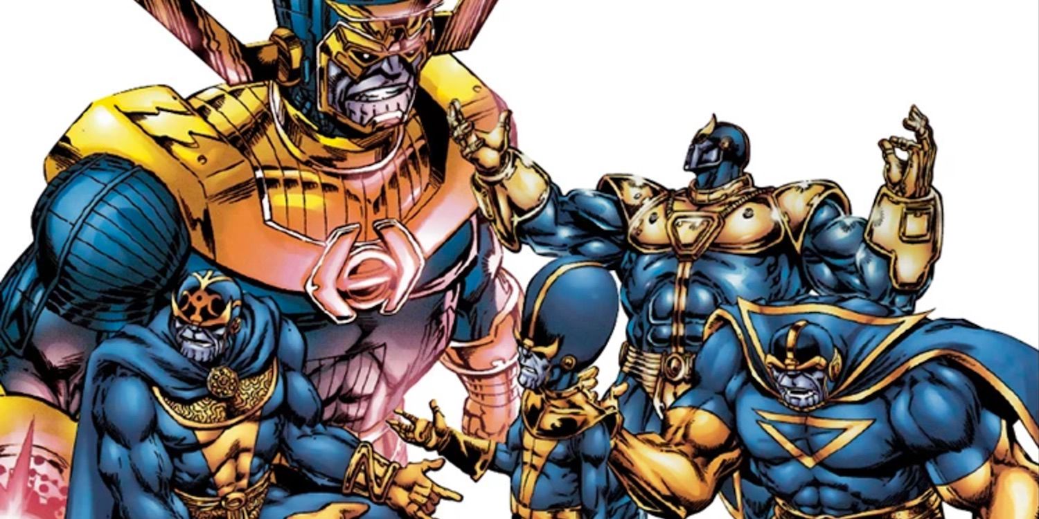 Clones of Thanos including Omega assemble in Marvel Comics.