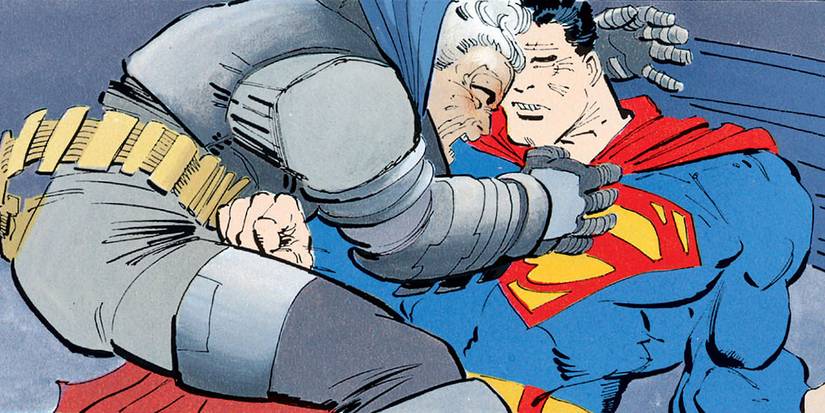 Comic book panel: Batman fights Superman in The Dark Knight Returns by Frank Miller.