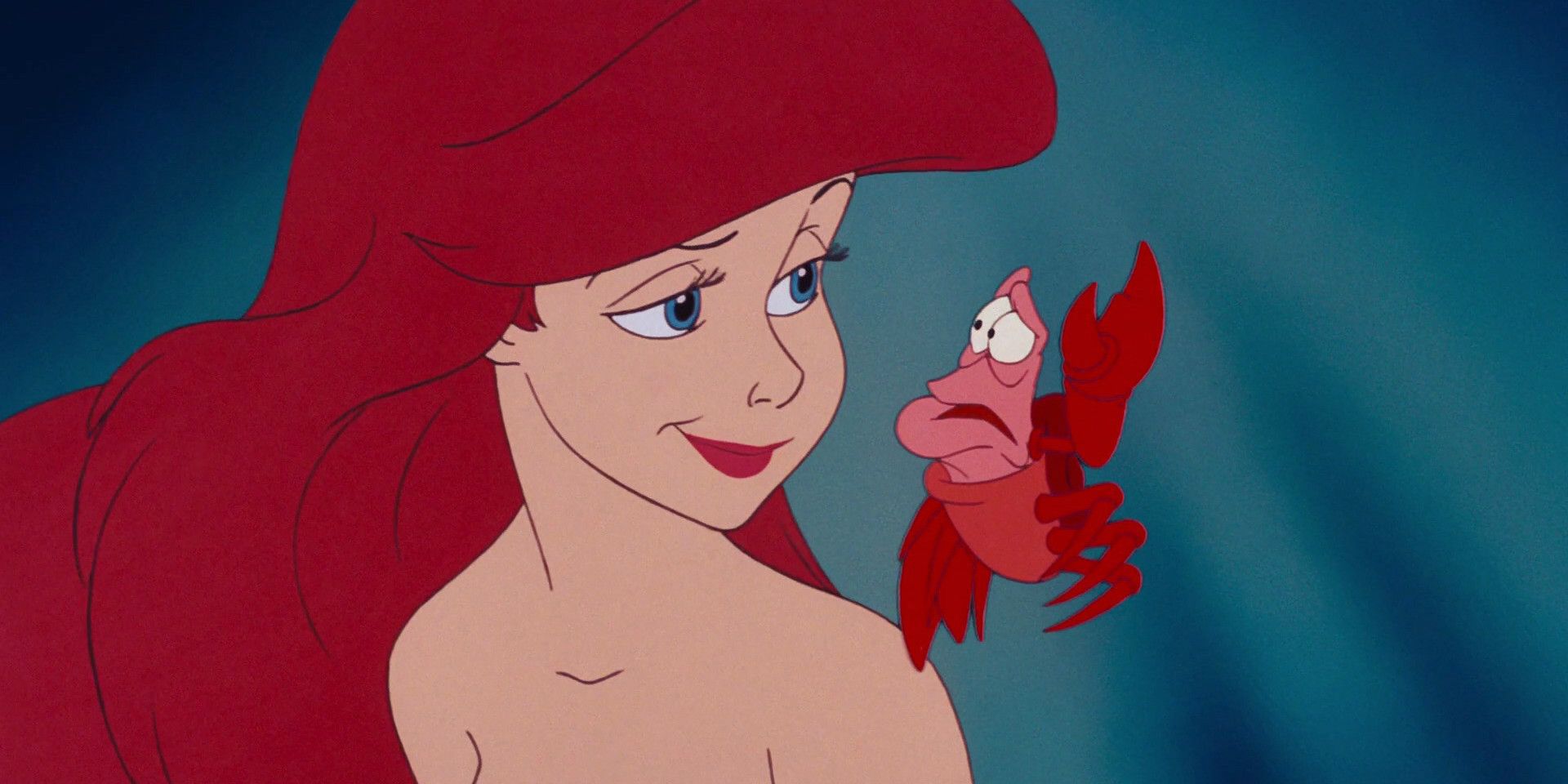 Sebastian looking worried and Ariel smiles in the animated Little Mermaid
