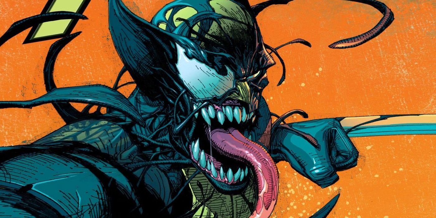 The Venom symbiote bonding to Wolverine as he prepares to strike with his claws.