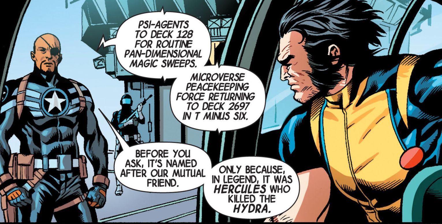 Wolverine and Nick Fury on the Helicarrier Hercules