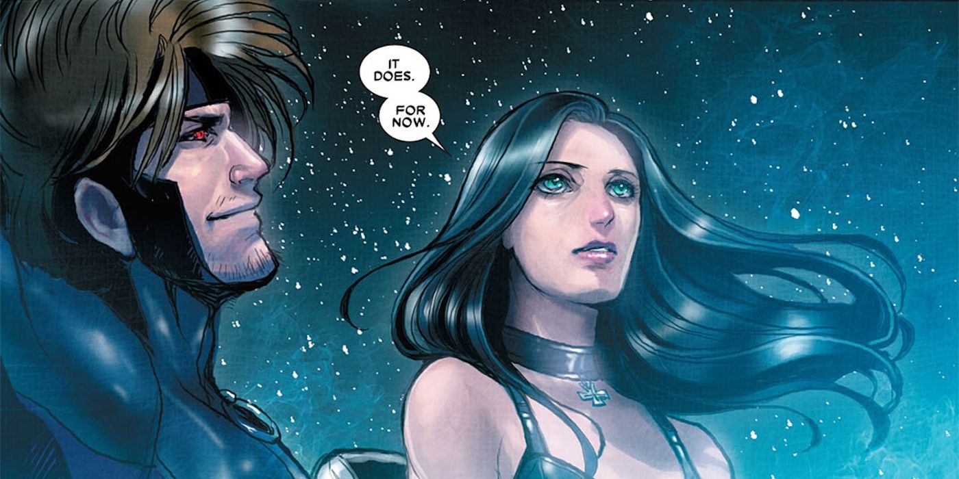 X-23 and Gambit looking upwards in a comic
