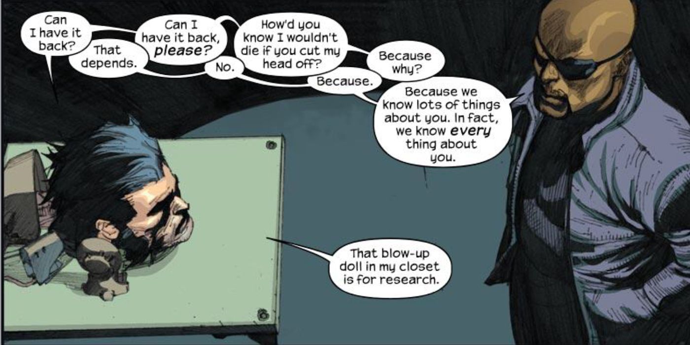 Nick Fury talks to Logan's head in Ultimate Wolverine vs. Hulk