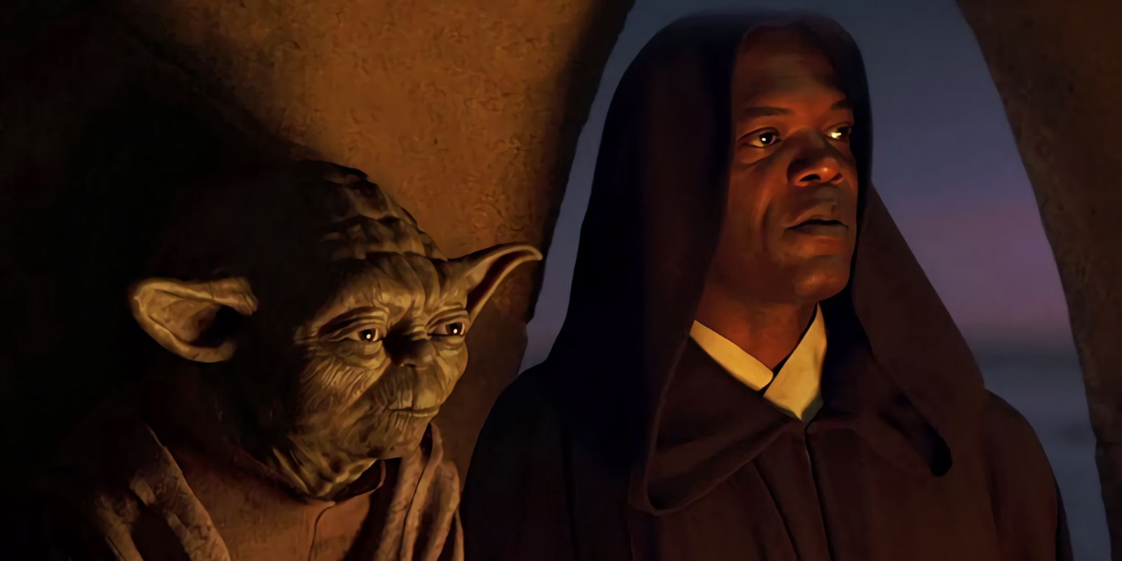 Yoda e Mace Windu ficam lado a lado parecendo sérios em Star Wars: A Ameaça Fantasma.