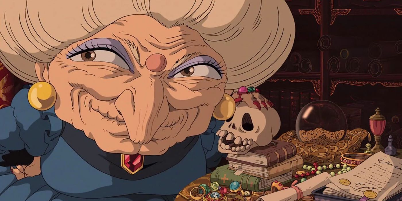 Yubaba puts her hand on a skull in Spirited Away.