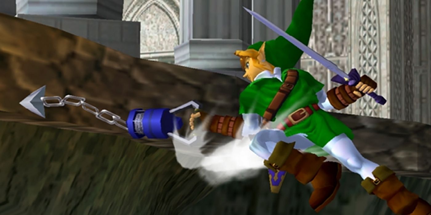 Link using the Hookshot in Super Smash Bros. Melee.