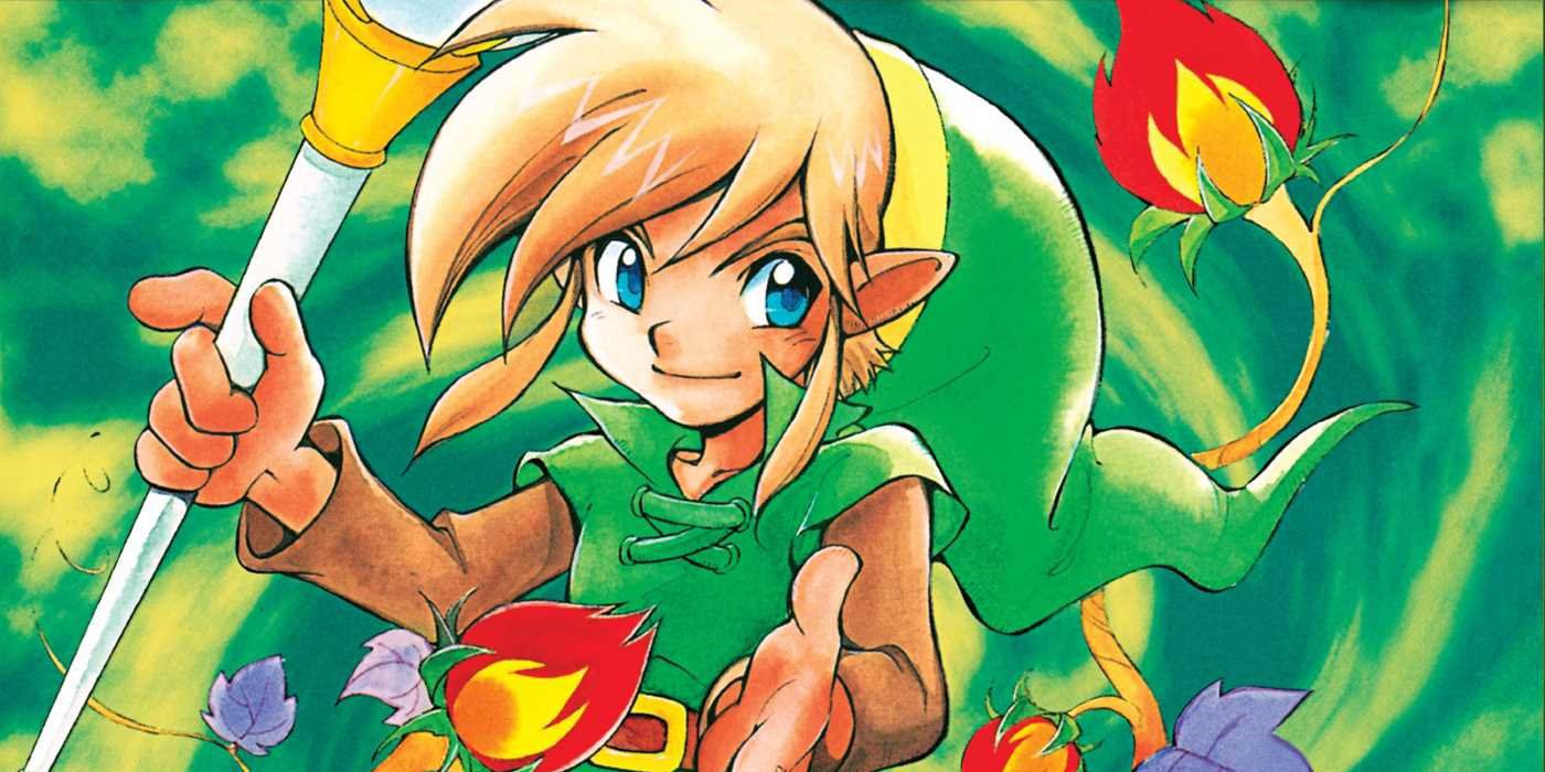 Art showing the Legend of Zelda: Oracle of Seasons' Link manipulating the seasons with the Rod of Seasons.