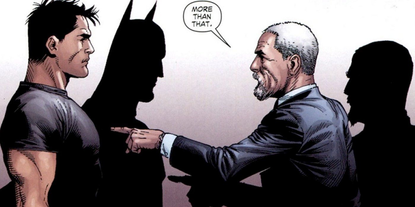 Alfred Pennyworth confronts Bruce, with the latter's shadow portraying him as Batman.