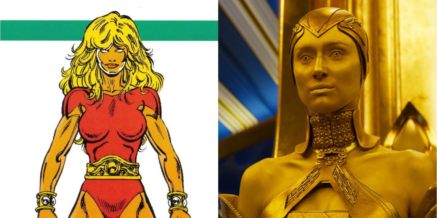 Split image of Kismet as she appears in the comics and Ayesha from Guardians of the Galaxy Vol. 2.