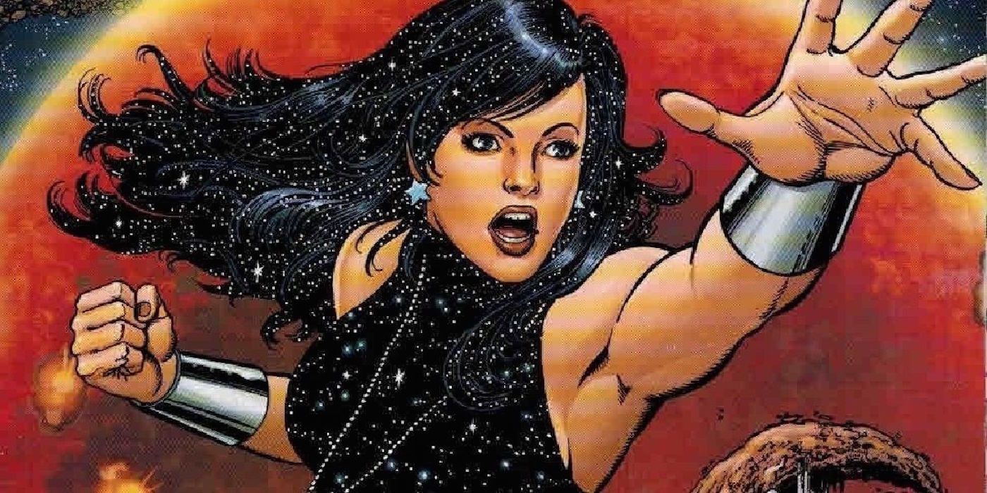 Imagem em quadrinhos de Donna Troy segurando um braço para cima se preparando para dar um soco