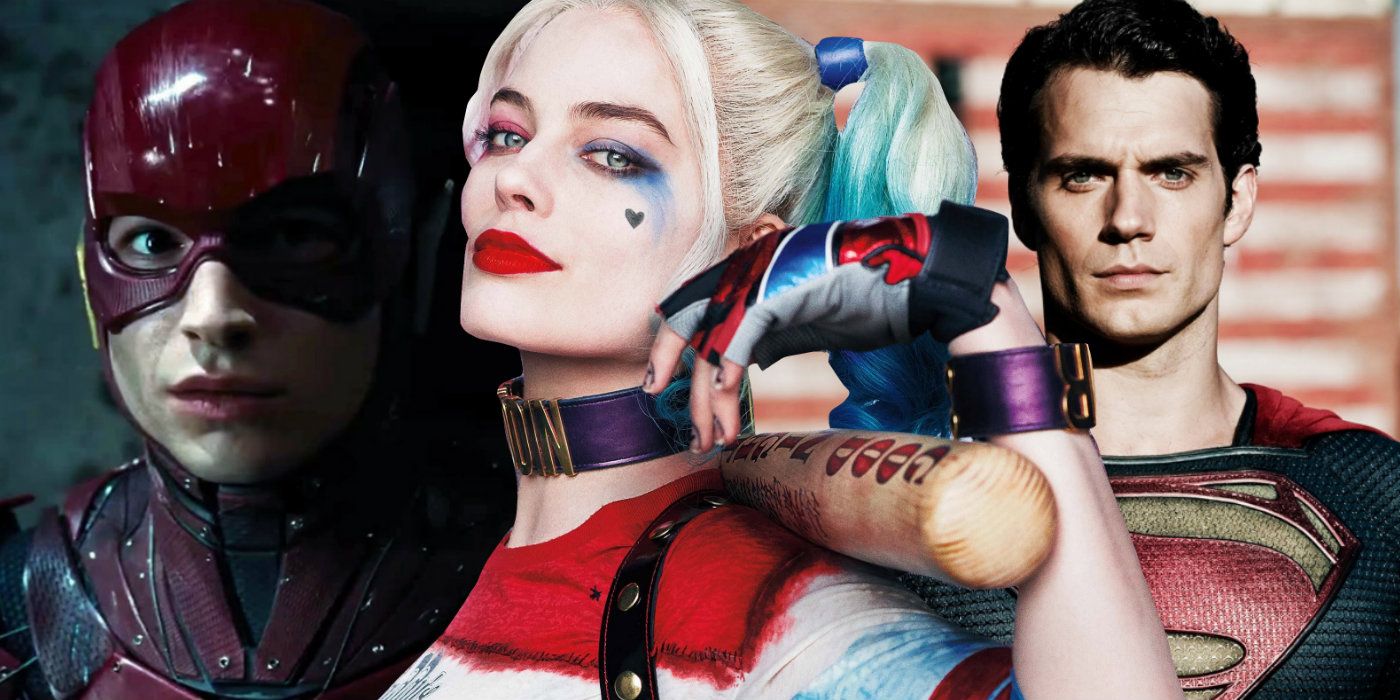 Split image of The Flash, Harley Quinn and Superman from the DCEU