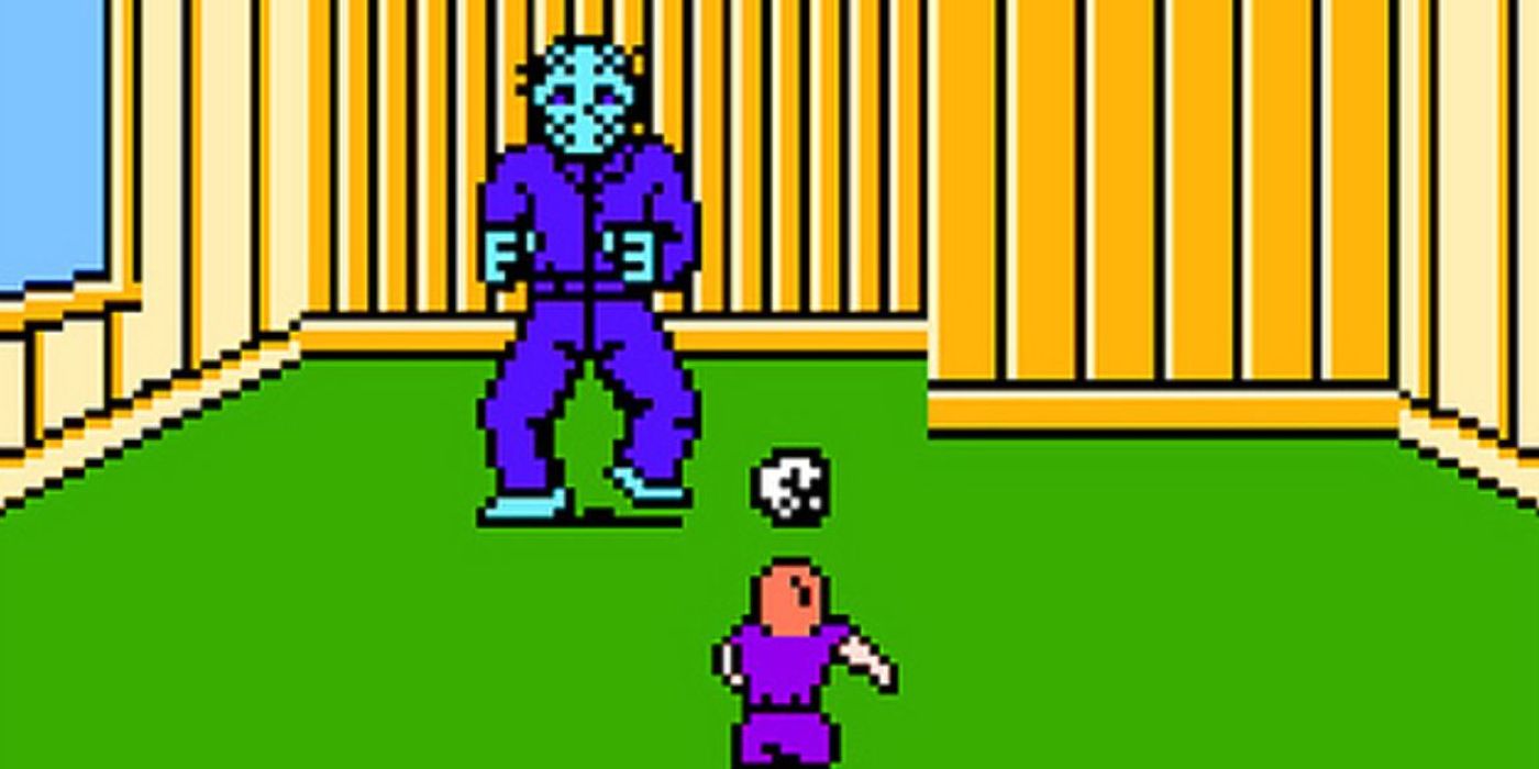 A character throws a rock at Jason from the Friday the 13th NES game.