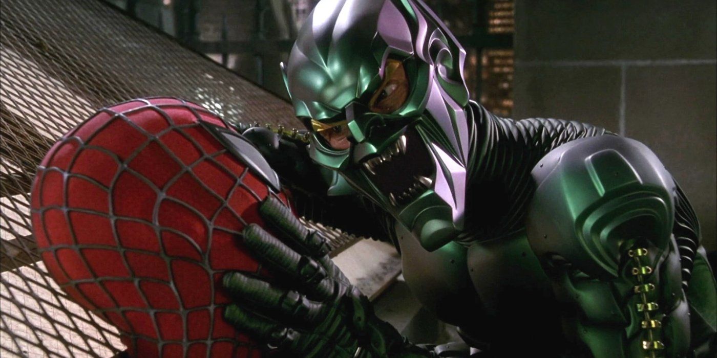 The Green Goblin lectures Spider-Man on the New York rooftop.