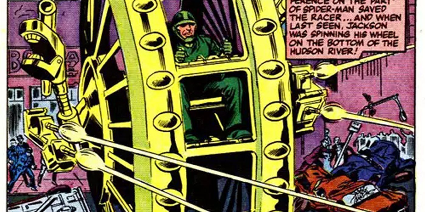 Big Wheel attacks Spider-Man in Marvel Comics.