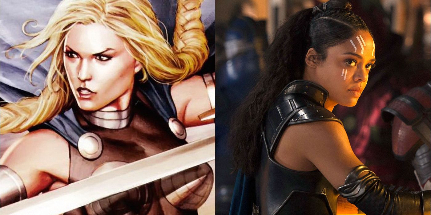 Valkyrie as she appears in the comics and played by Tessa Thompson in Thor Ragnarok