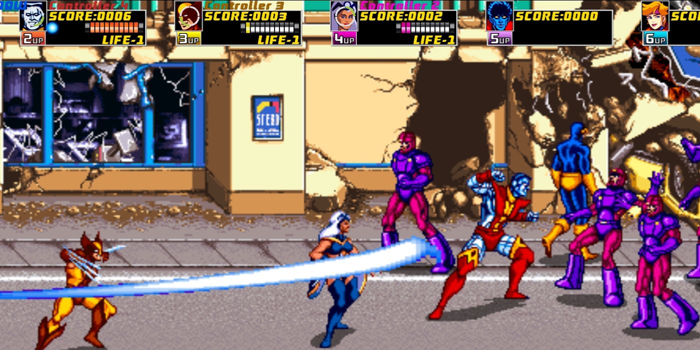 A screenshot from Konami's X-Men arcade game