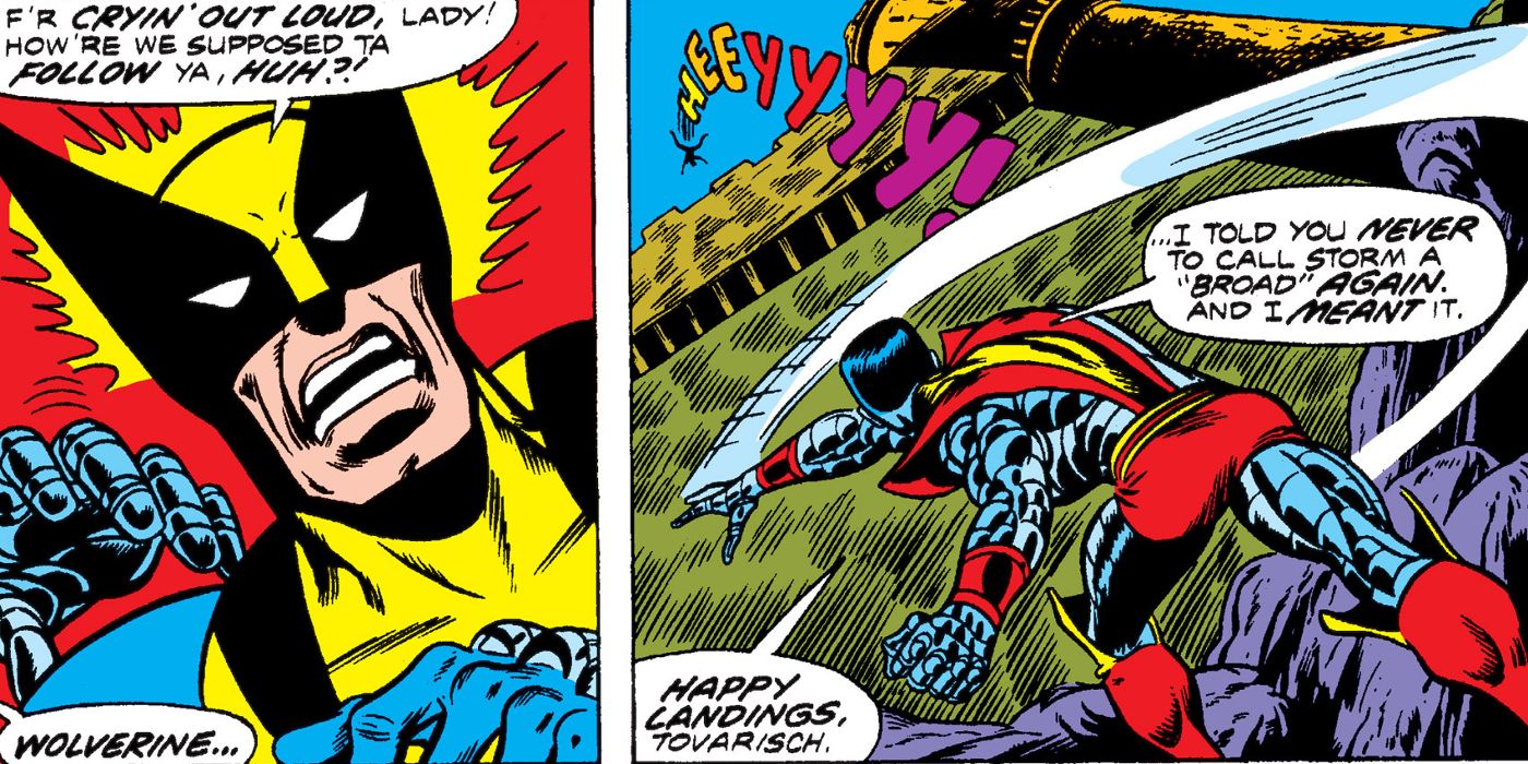 Wolverine gets unexpectedly thrown over a wall by Colossus in X-Men #103