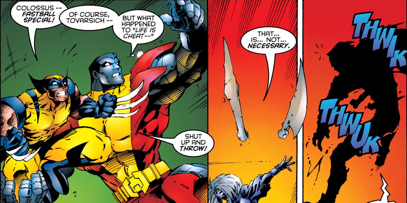 Wolverine and Colossus wind up for the fastball special to save Storm in Uncanny X-Men #325