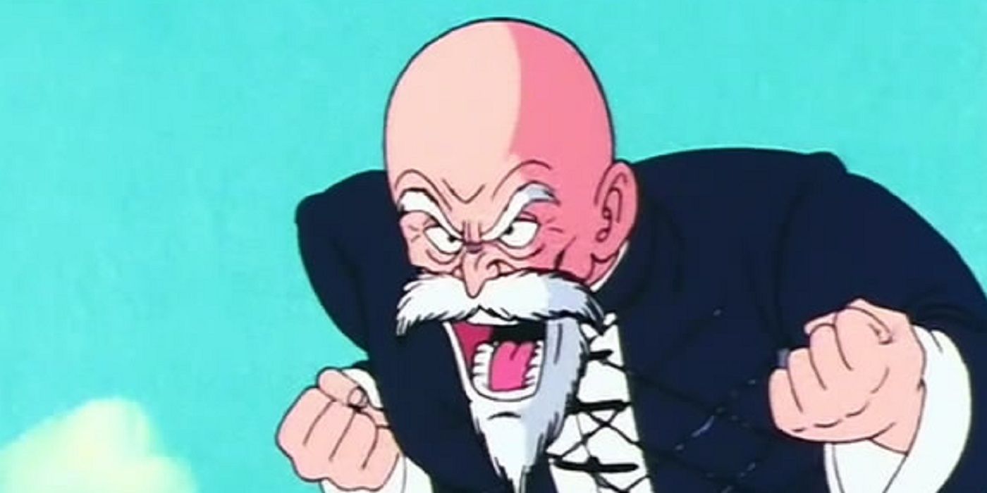 Master Roshi yells as he holds both of his fists back in Dragon Ball.