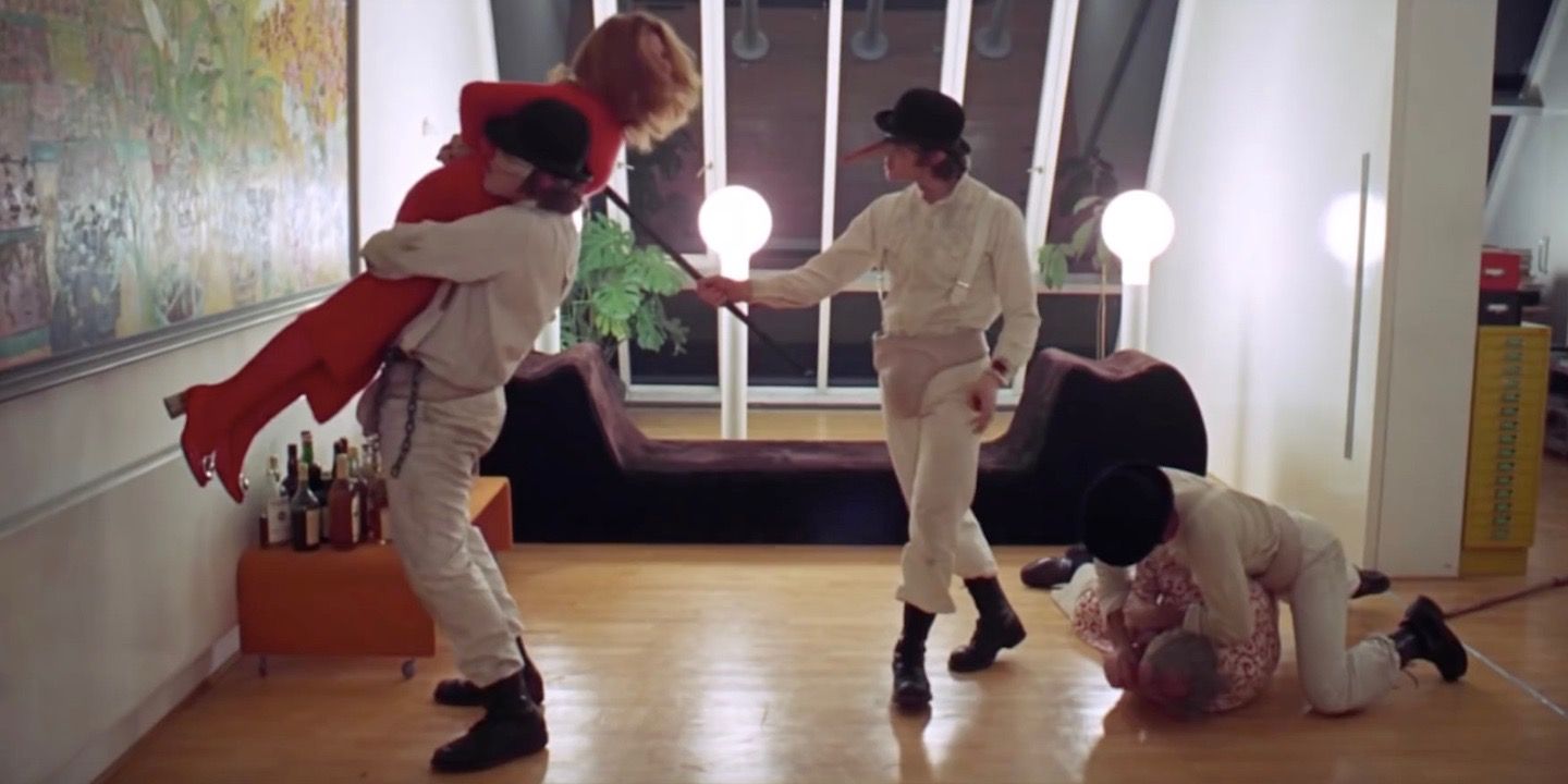 Alex and his droogs break into a writer's house in A Clockwork Orange