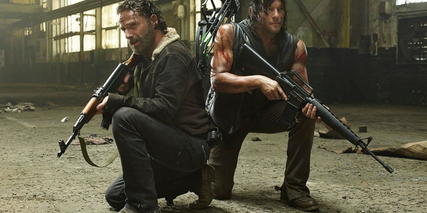 Andrew Lincoln as Rick and Norman Reedus as Daryl in The Walking Dead