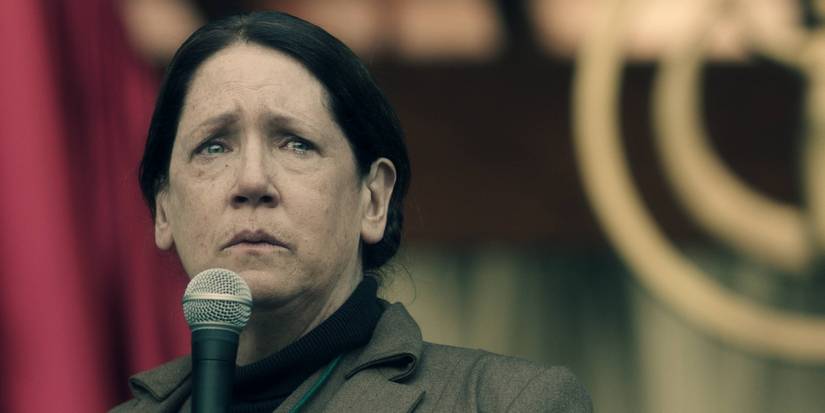 Aunt Lydia looking worried in The Handmaid's Tale.