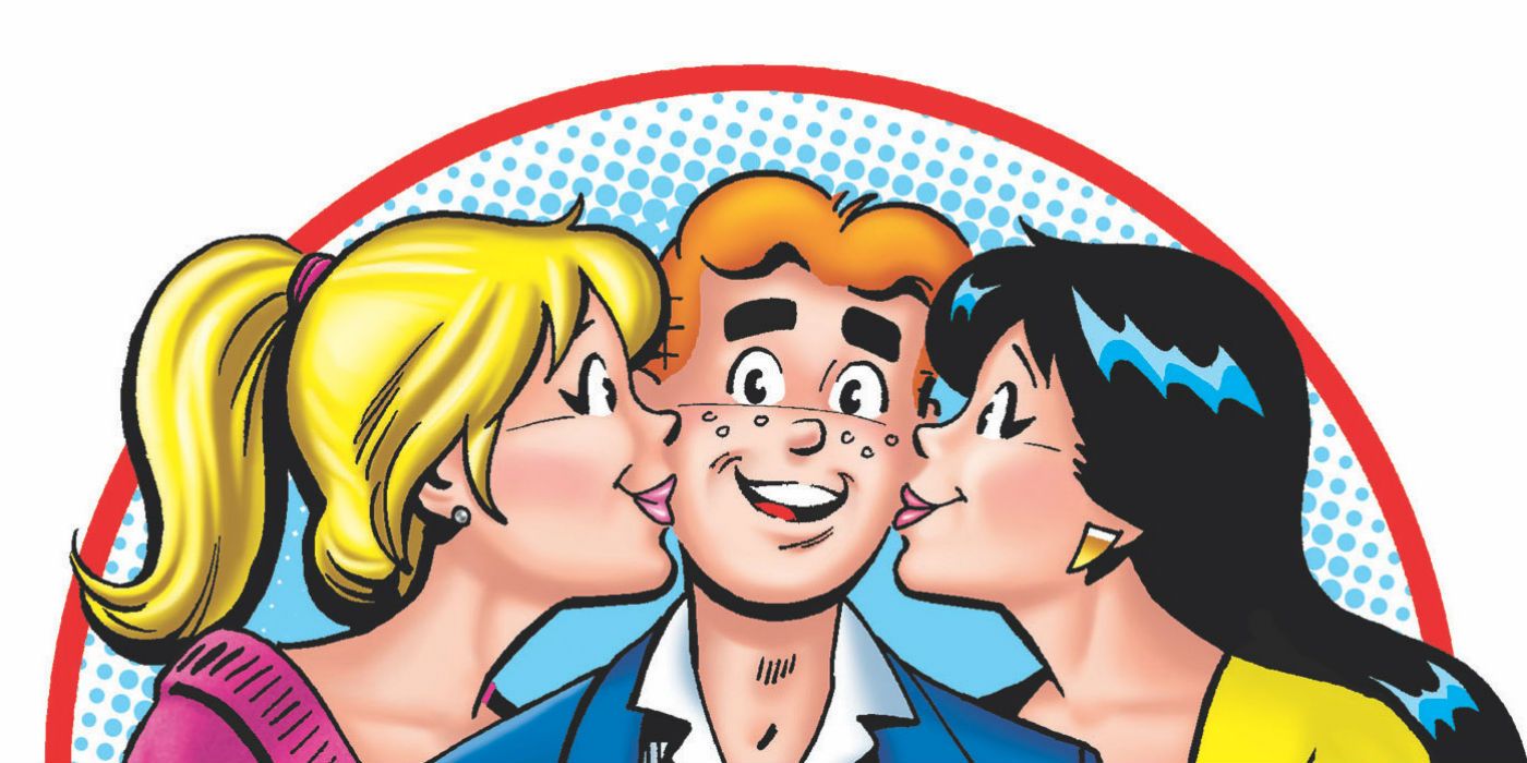 Betty and Veronica kissing Archie on the cheeks in Archie comics