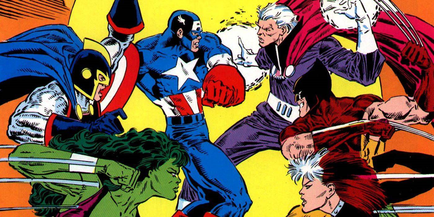 The X-Men fight the Avengers in Marvel Comics 1987 limited series.