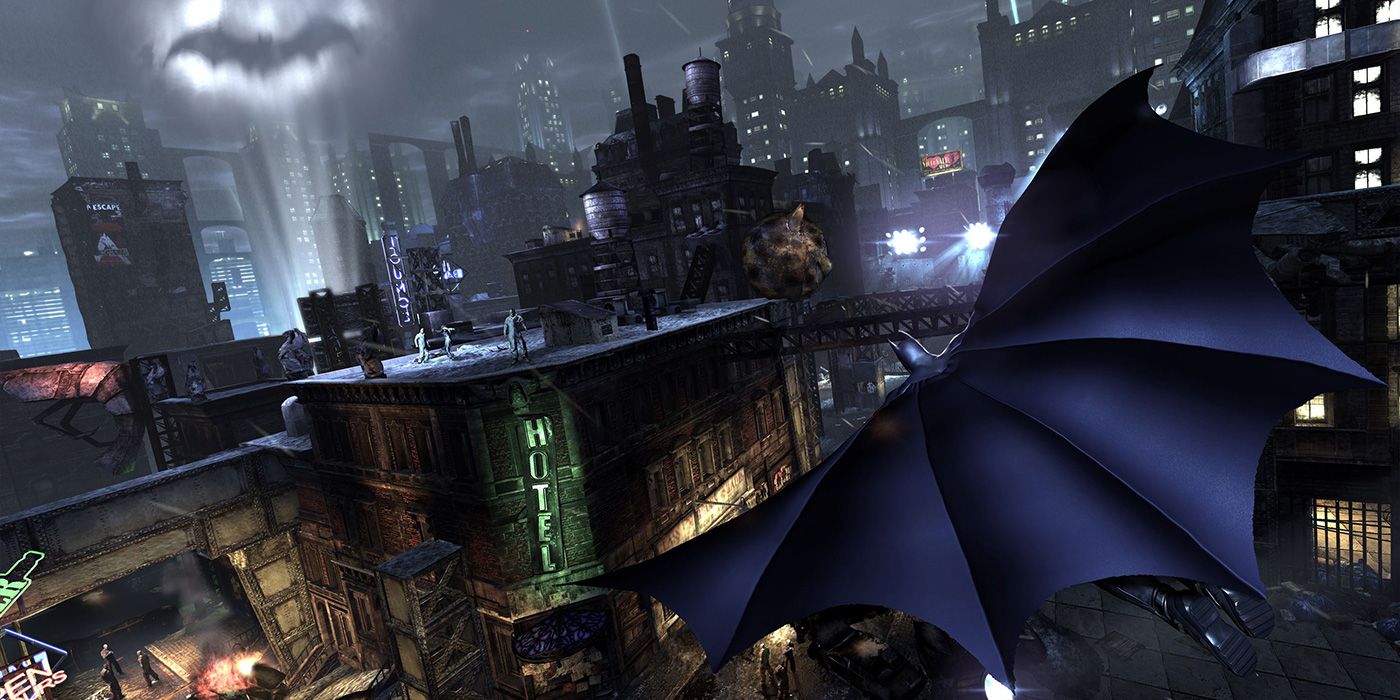 Batman Glides across Arkham City 