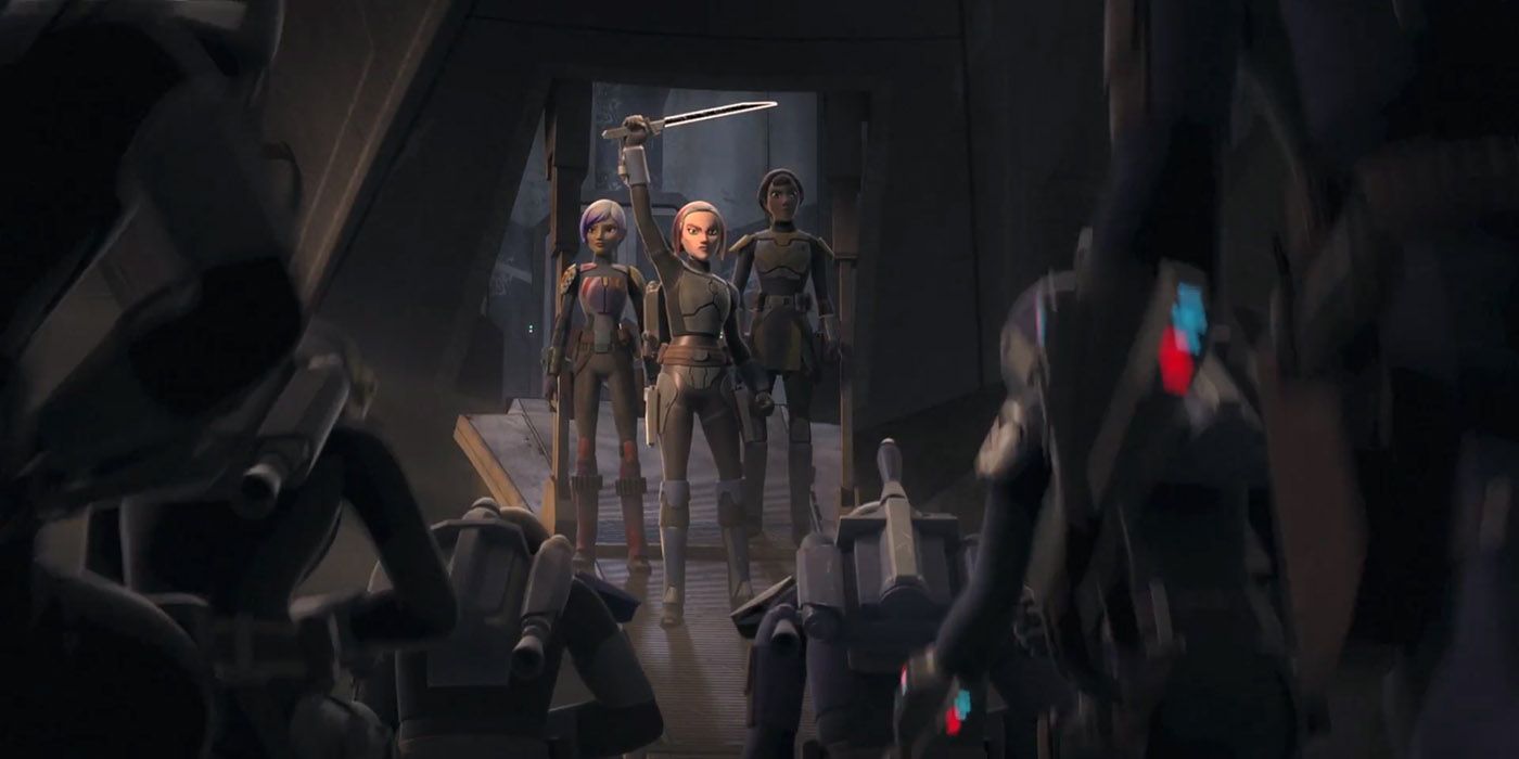 Bo-Katan empuña el sable oscuro en Star Wars Rebels.