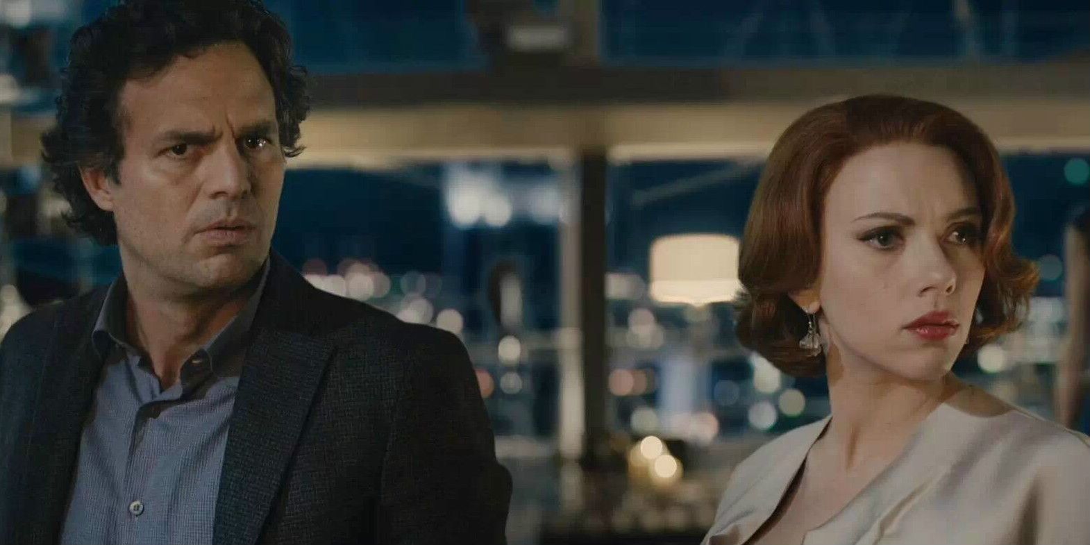 Bruce Banner and Natasha Romanoff look concerned in Avengers Age of Ultron