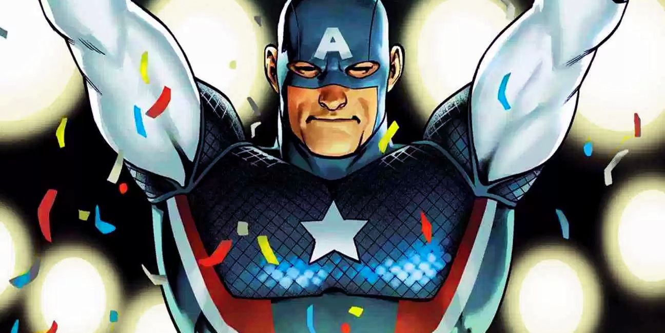Captain America raises his arms in victory in Marvel Comics.