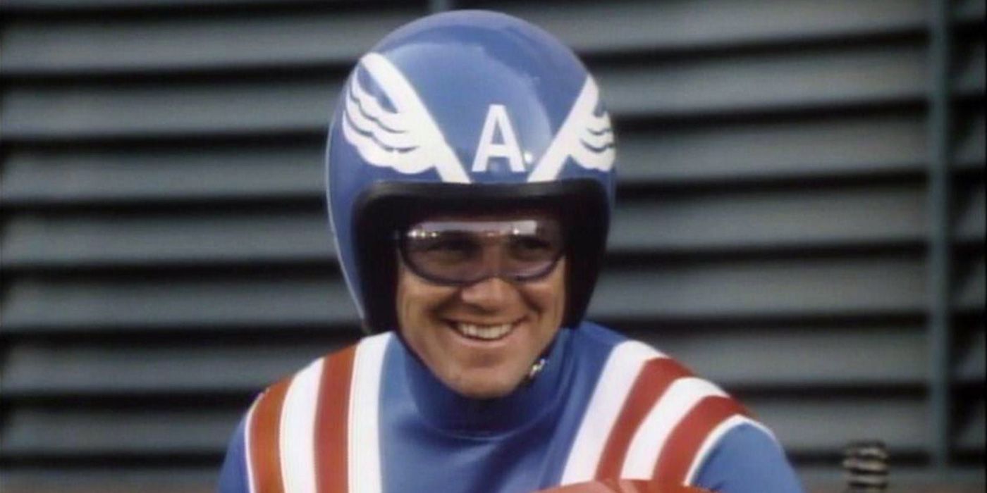 Captain America smiling and wearing a helmet in the 1979 movie