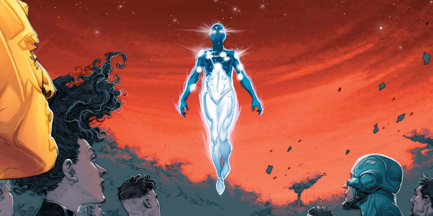 Capitán Universo flotando sobre los héroes en los cómics de Marvel