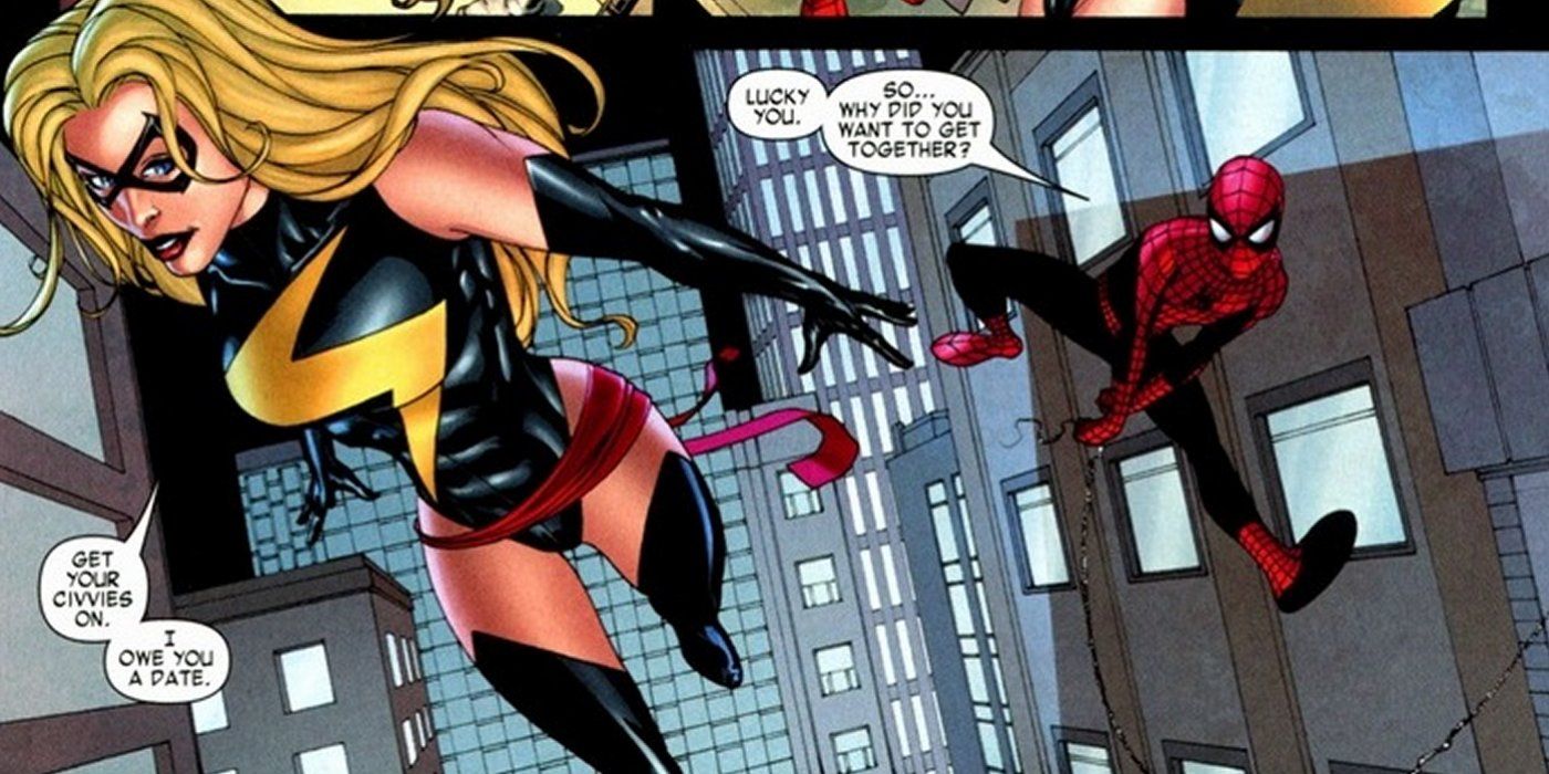 Carol Danvers Capitão Marvel e Homem-Aranha Peter Parker têm um encontro amizade Marvel