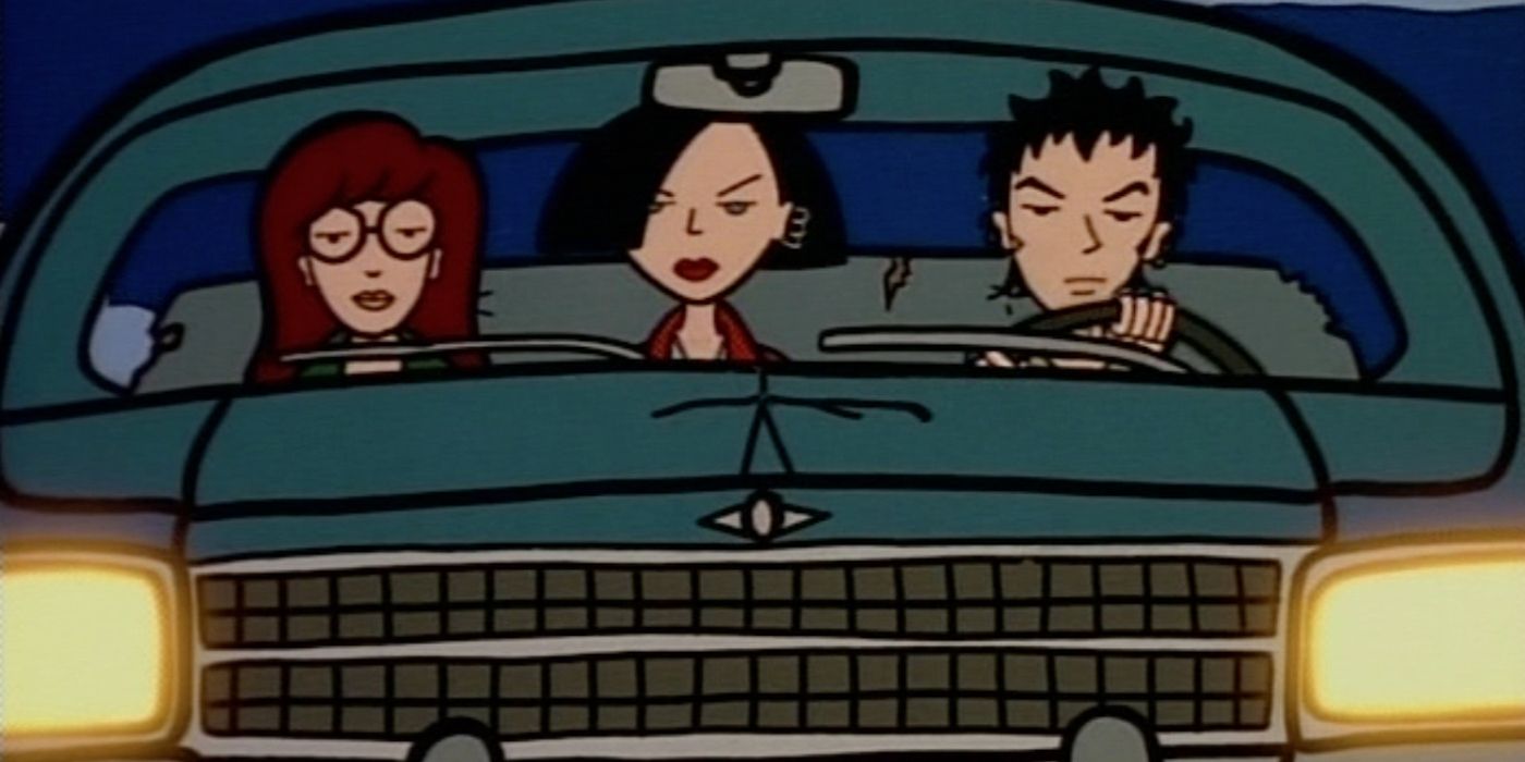 Daria, Jane, and Trent in a car in the Daria animated series.