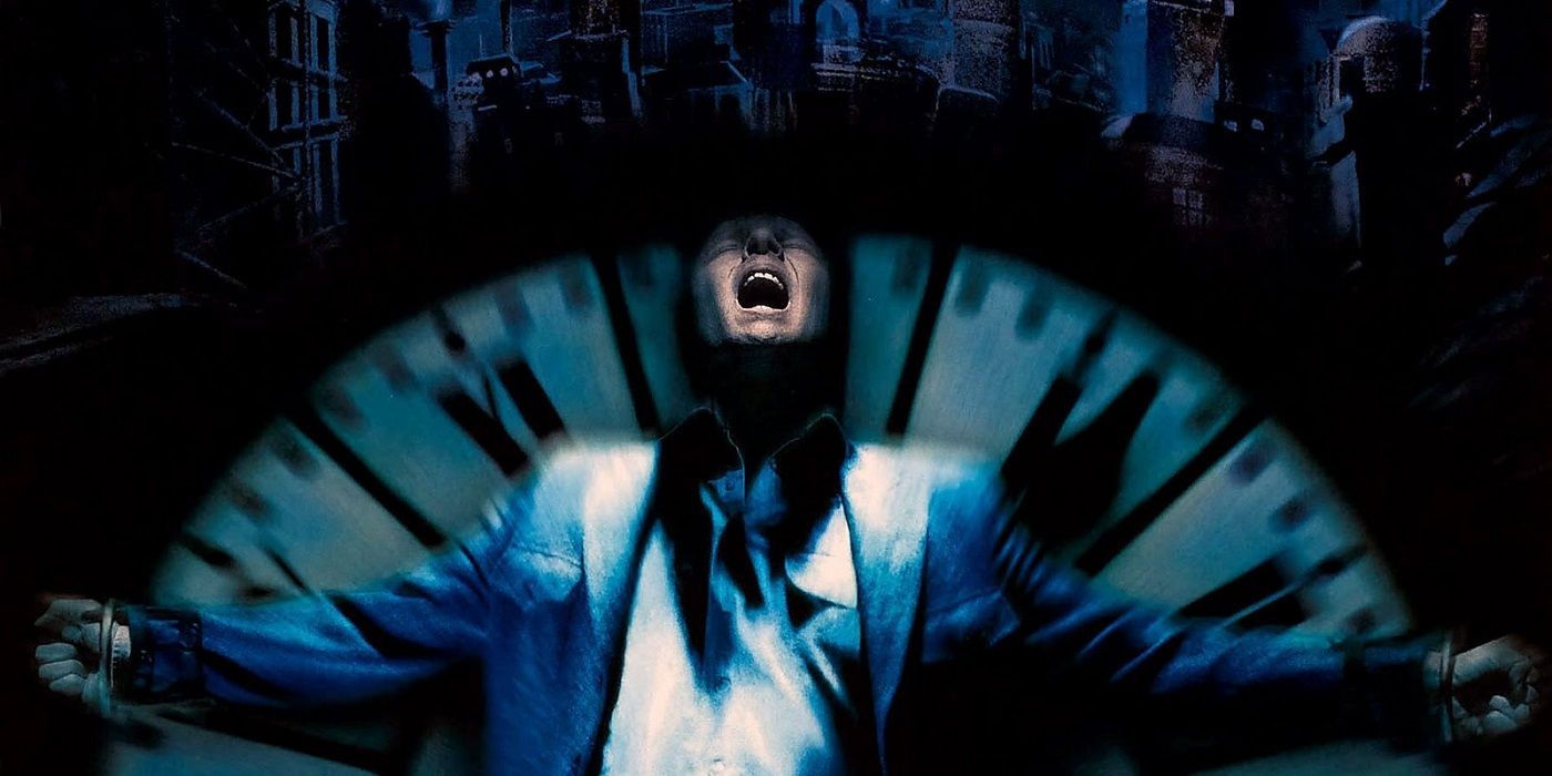 Dark City poster crop of a man screaming against a giant clock
