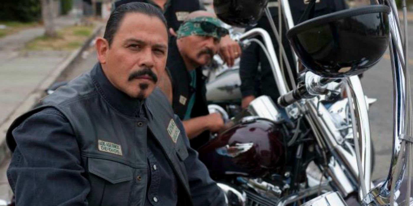 Emilio Rivera as Marcus Alvarez in Sons of Anarchy spin-off Mayans MC by his bike