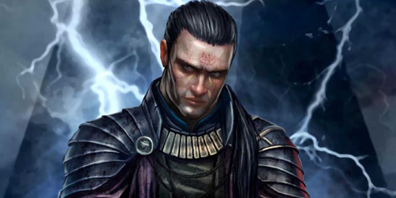 Exar Kun standing before a pyramid among a lightning storm.