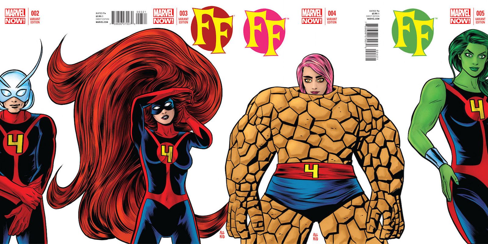 Split image of variant covers of FF comic book series.