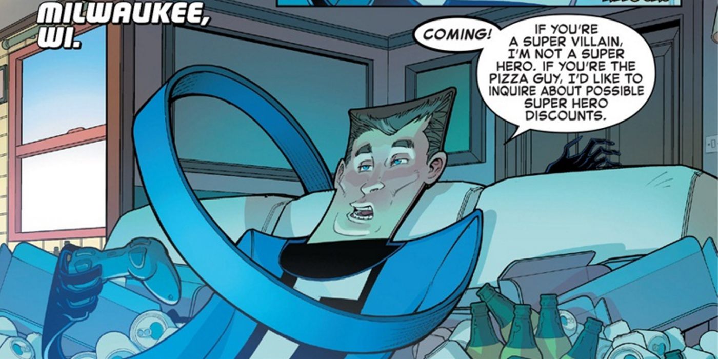 Flatman chilling on a couch in Marvel comics