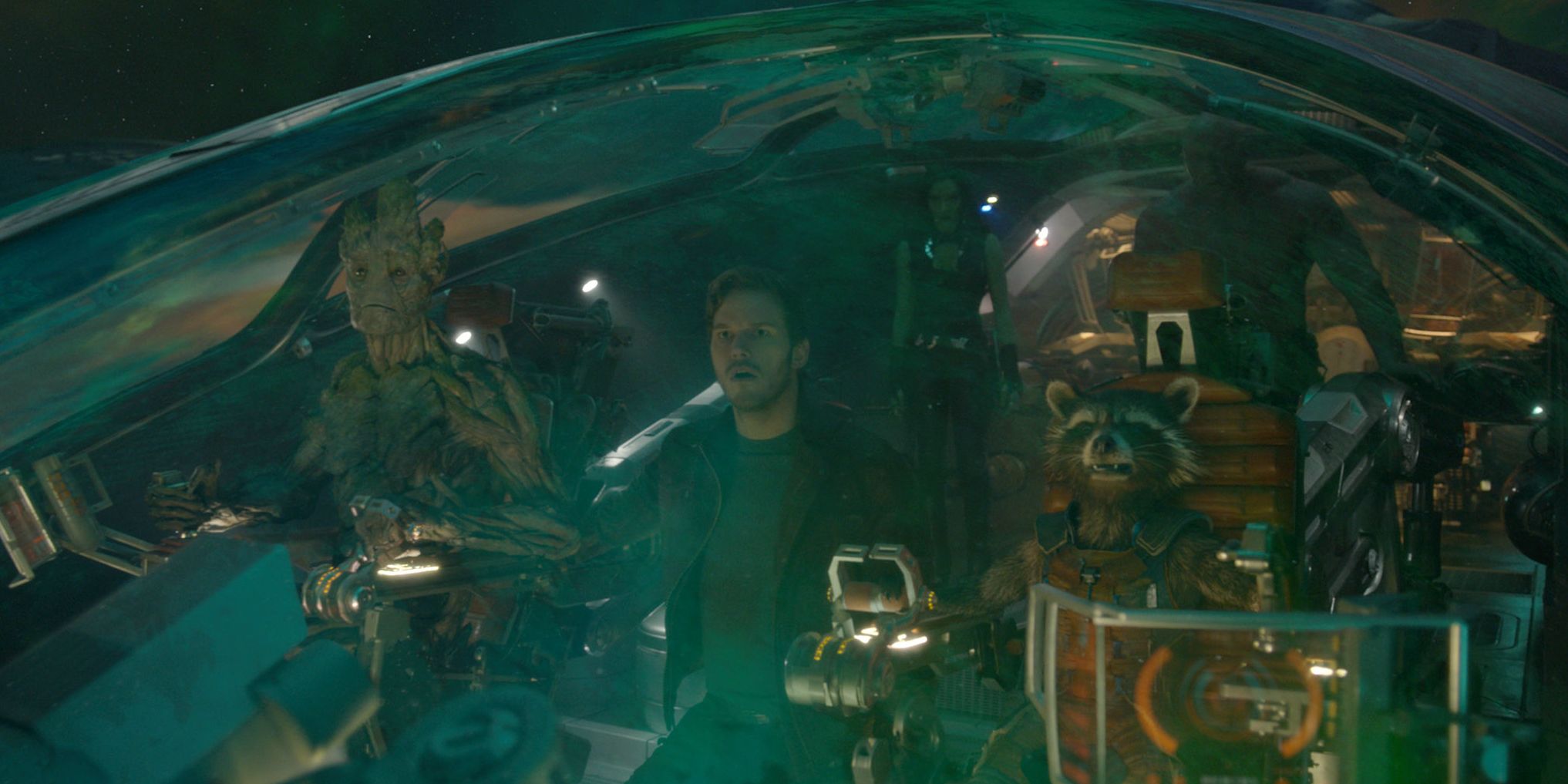 The Guardians inside the Milano in Guardians of the Galaxy Vol. 2