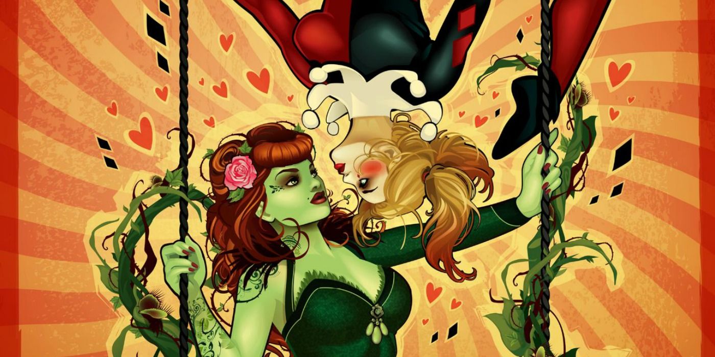 Poison Ivy on a swing with Harley Quinn hanging upside down in a DC comic.